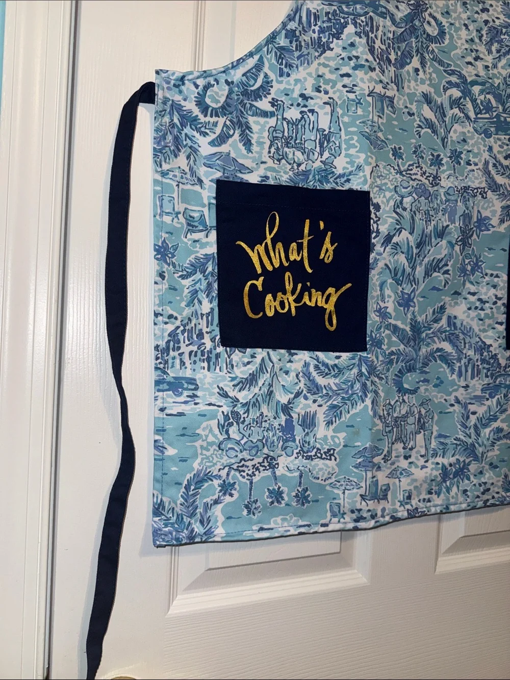 Lilly Pulitzer Light Blue Toile Apron with Navy Pockets and Gold Script